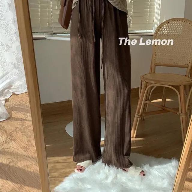 [Spot] Quần ống rộng lưng cao bằng vải nhung kẻ phong cách Hàn Quốc đơn giản dễ phối đồ