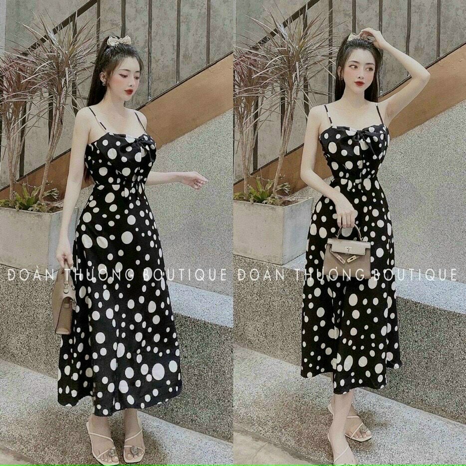Đầm Lụa 2 Dây Dáng Dài Maxi, Đầm Xòe Dự Tiệc Chấm Bi Sang Chảnh Có Mút Ngực Kèm Túi Siêu Xinh Thời Trang Nữ Minh Phúc