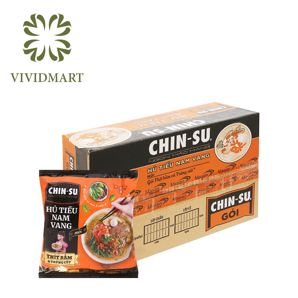 Thùng 15 gói - GÓI CHINSU CÓ THỊT THẬT 7 VỊ: HỦ TIẾU NAM VANG, BÒ KHO, BÁNH ĐA CUA, PHỞ BÒ / GÀ, MIẾN GÀ / SƯỜN – MASAN