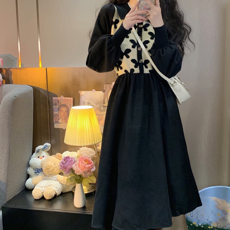 Váy Nhung Mix Len Thu Đông Ấm Áp Tay Bồng, Dáng Xòe Nhẹ