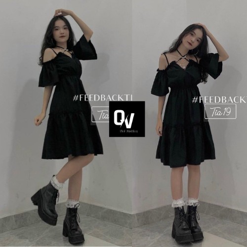 Váy đen dây ngực trễ vai buộc cổ,chất vải xịn - Shop Q&V