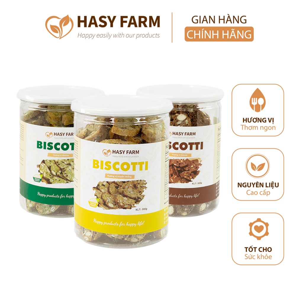 Bánh Biscotti ăn kiêng hỗ trợ giảm cân 3 vị truyền thống, matcha, socola thơm ngon 300g, 200g - Hasy Farm