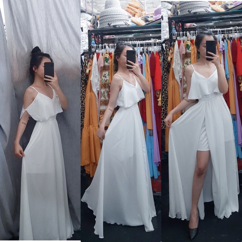 Đầm maxi xẻ tà hai dây bèo sang trọng, đi biển, du lịch , đi tiệc dễ thương