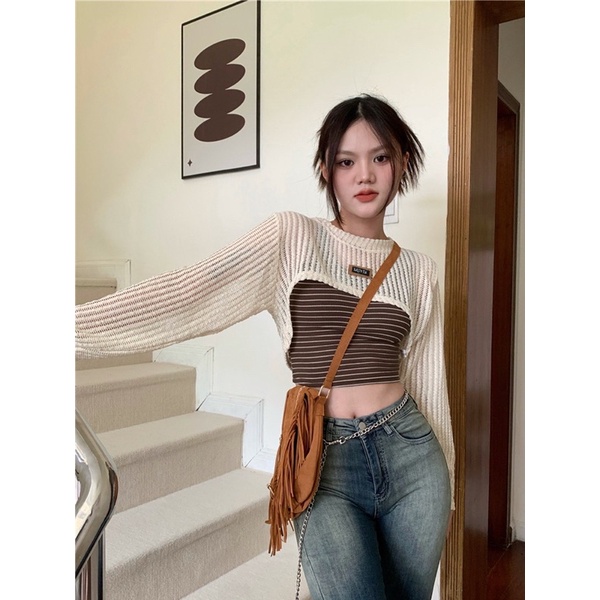 sét áo hai dây dáng ôm kèm cardigan luới phong cách hàn hàng Quảng châu đẹp (có sẵn)