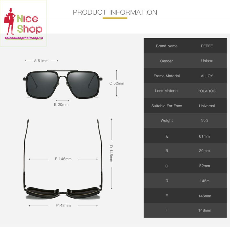 Mắt kính nam Perfe phân cực gọng vuông độc đáo | BigBuy360 - bigbuy360.vn