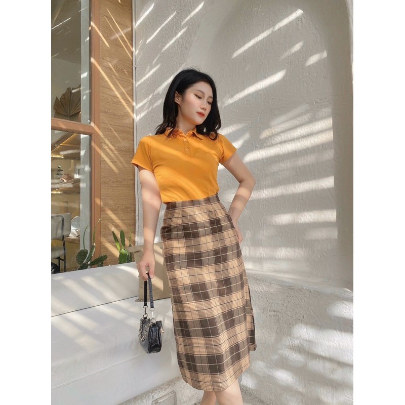 [ẢNH THẬT] Set áo thun cổ trụ + Chân váy caro màu siêu Tây | BigBuy360 - bigbuy360.vn