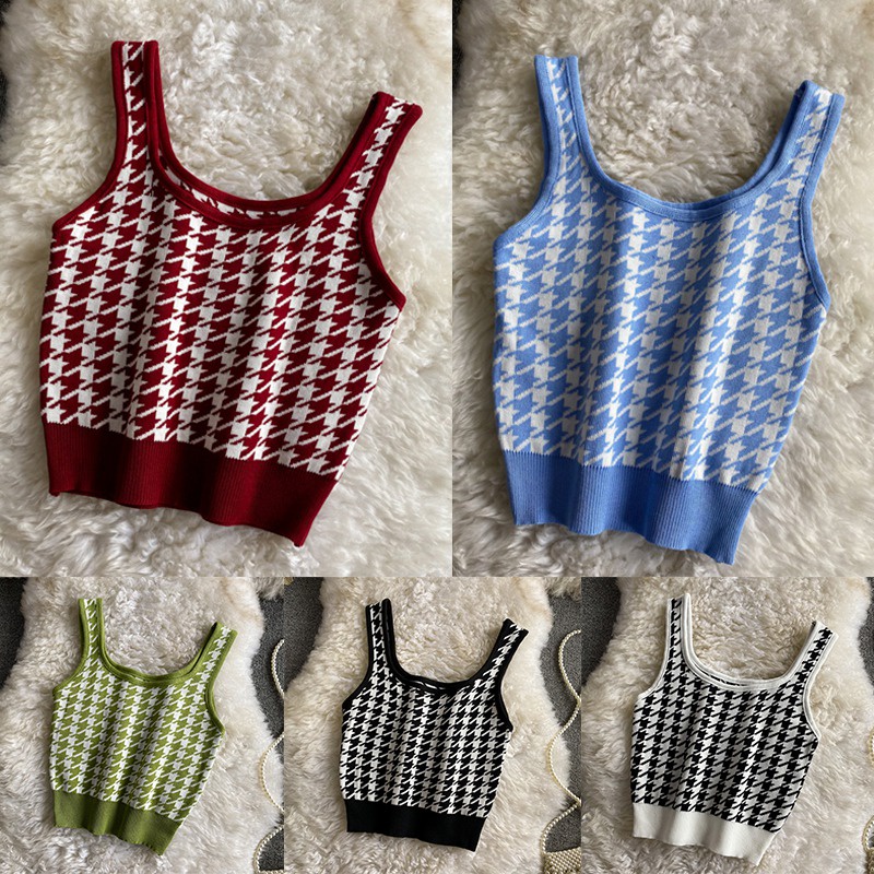 Áo Croptop Dệt Kim Sát Nách Cổ Vuông In Họa Tiết Thời Trang Hàn Quốc Cho Nữ