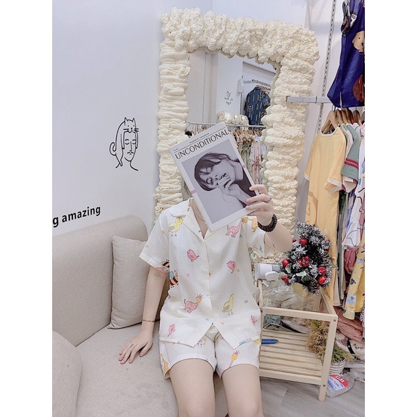 Bộ pijama Xô nhật sợi tre bộ ngủ nữ bộ mặc nhà dễ thương đồ bộ nữ chất siêu mát vải xô sợi tre tay cộc quần cộc