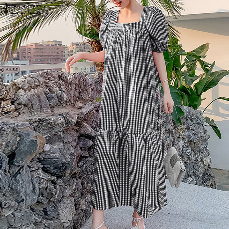 Đầm ZANZEA maxi tay ngắn cổ vuông phồng in sọc caro cho nữ