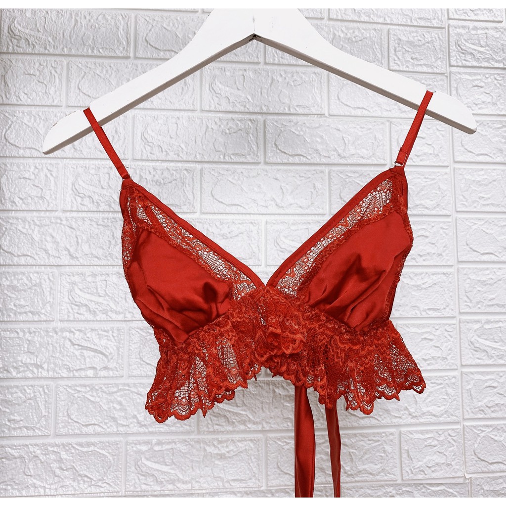{Bralette hàng thiết kế} Bộ đồ lót ren phối lụa cao cấp Lacy Silk Bebebb – kiểu dáng quyến rũ với dây lụa dài - màu đỏ