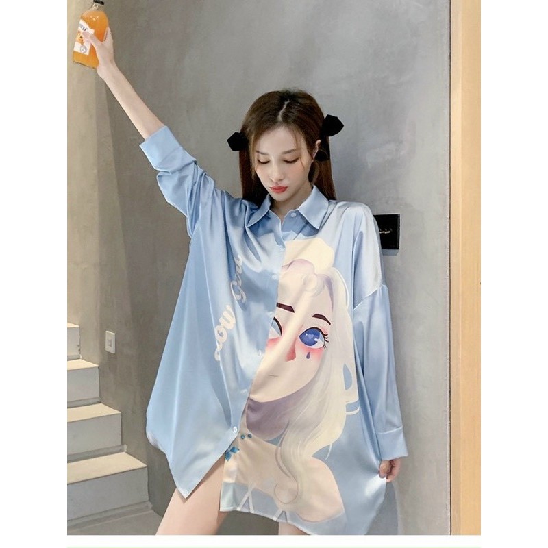 [Cao Cấp] Đầm Ngủ Pajamas Sơ Mi Phom Rộng Phi Lụa Cao Cấp, Đầm Sơ Mi Lụa Satin Mịn Mát & Ít Nhăn Rock Girl