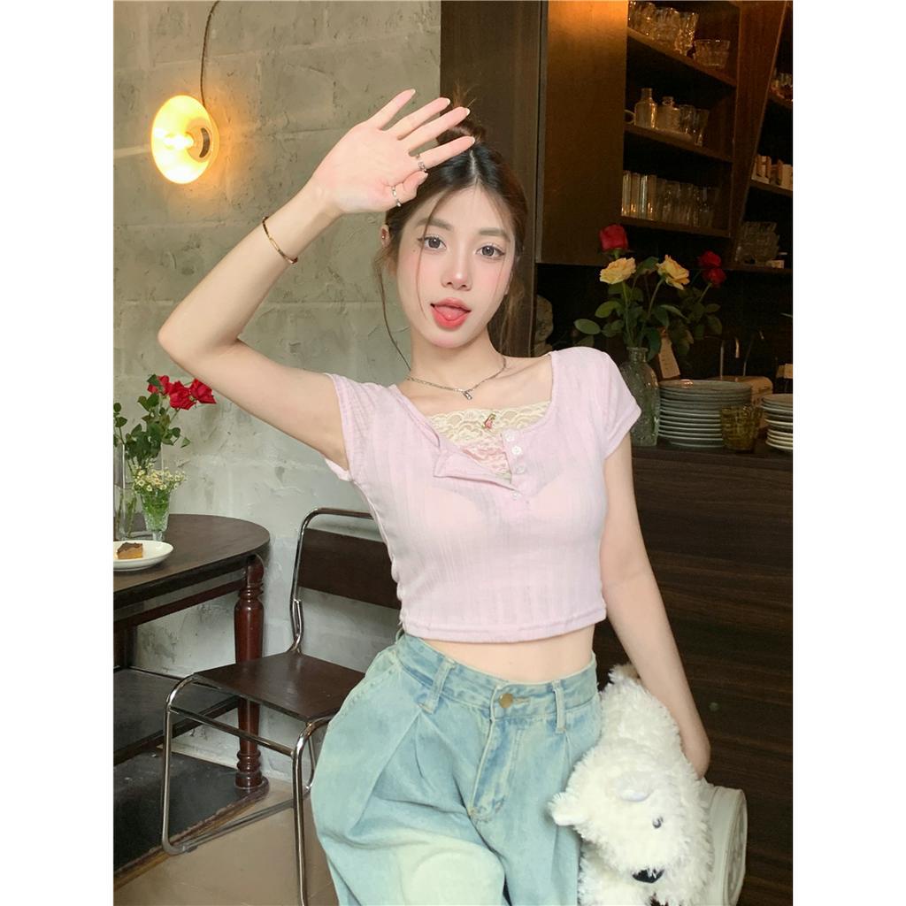 Lalisas Áo Croptop Ngắn Tay Phối Ren Thiết Kế Ngọt Ngào Cho Nữ