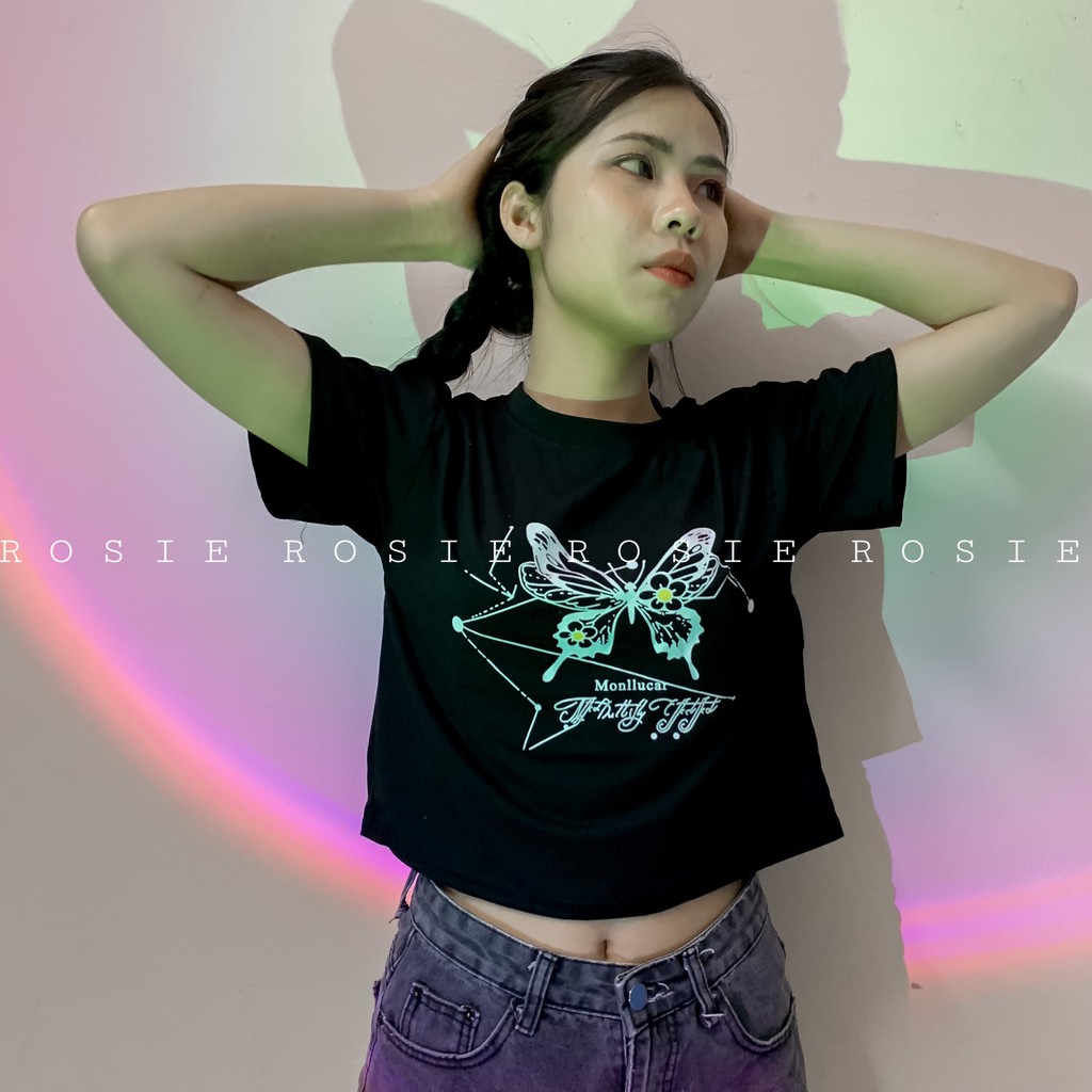 Áo croptop nữ ngắn tay họa tiết BUTTERFLY, áo croptop nữ phong cách Hàn Quốc