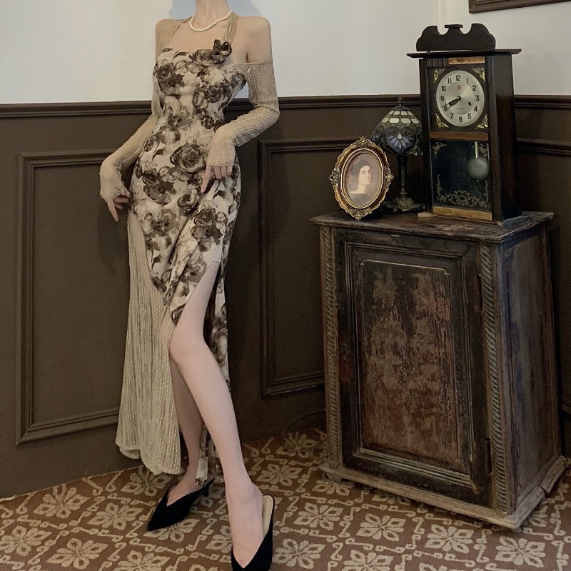Đầm Hoa Hai Mảnh Tay Dài Hở Vai Phong Cách Pháp Thời Trang Mùa Thu Cho Nữ 15 Ngày