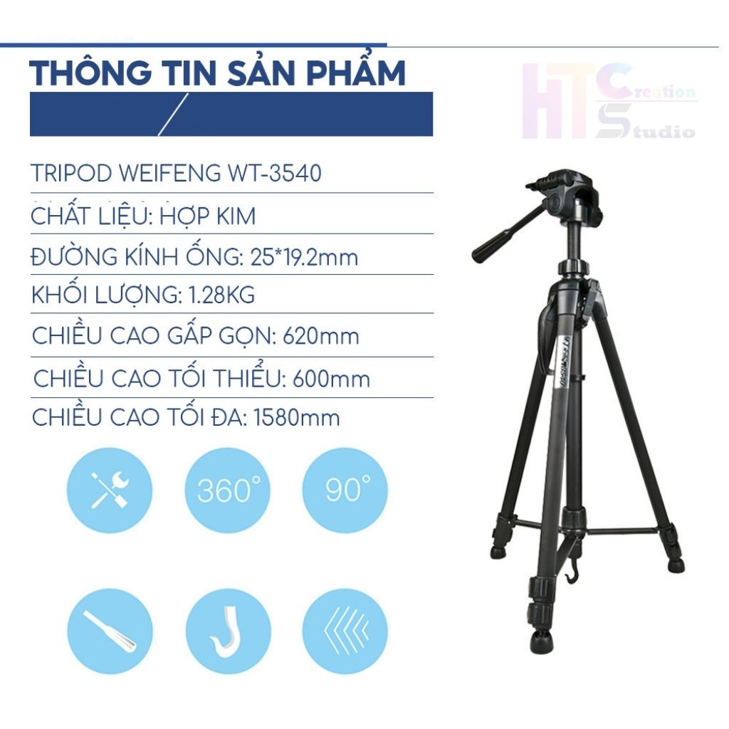 Chân Máy Ảnh Tripod Weifeng WT-3540 Cao 1,6m Khung Nhôm, Điều Khiển Remote Tương Thích Với Nhiều Dòng Máy