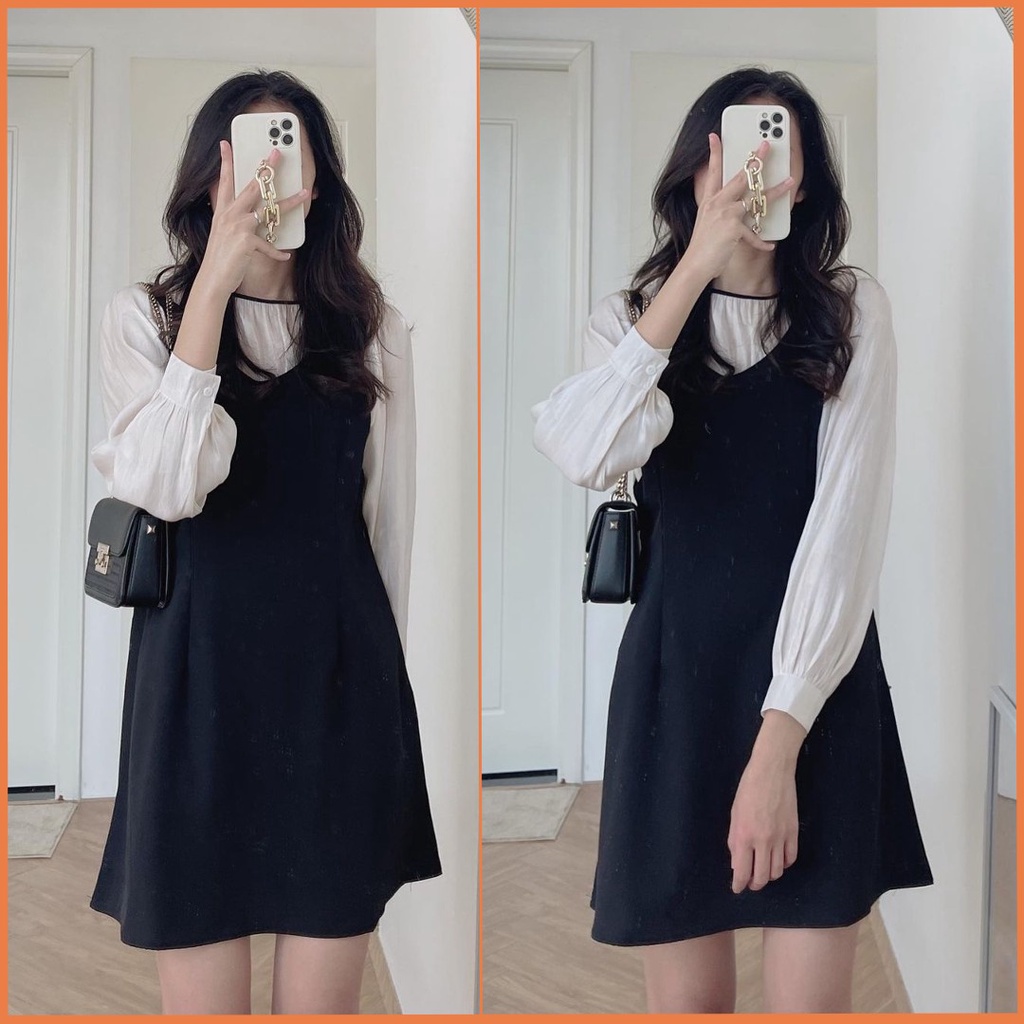 Set váy yếm kèm áo kiểu nữ chất tơ [Full set] Đầm suông trơn freesize – S-Y2