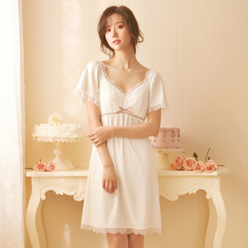Đầm ngủ công chúa tay ngắn phối ren có đệm ngực thời trang mùa hè cho nữ