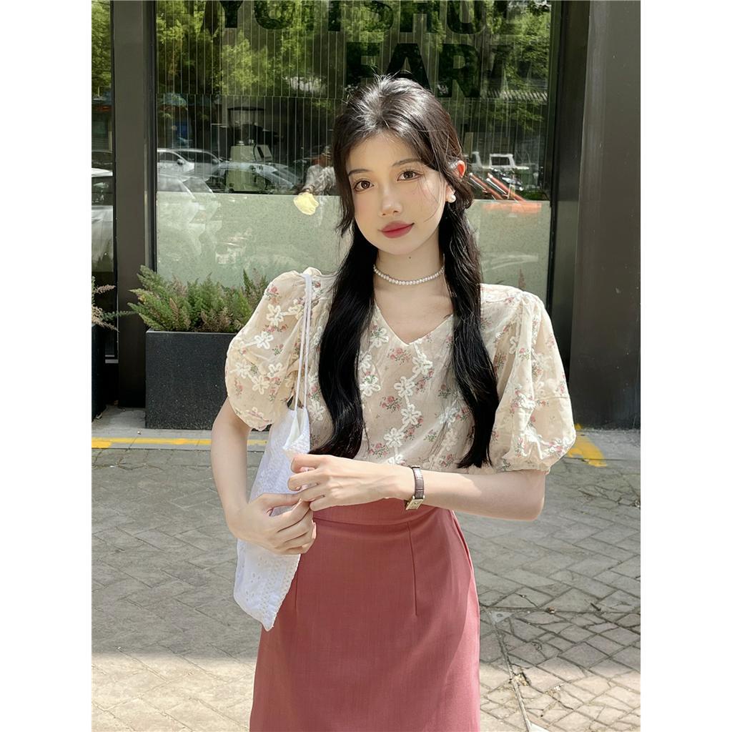 Set Áo Sơ Mi Tay Ngắn Phồng Cổ Chữ V In Hoa + Chân Váy Dài Lưng Cao Thời Trang Hàn Quốc Cho Nữ