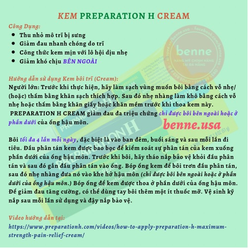 Kem bôi trĩ PREPARATION H Hemorroidal Cream 26g/28g/51g/57g của Mỹ