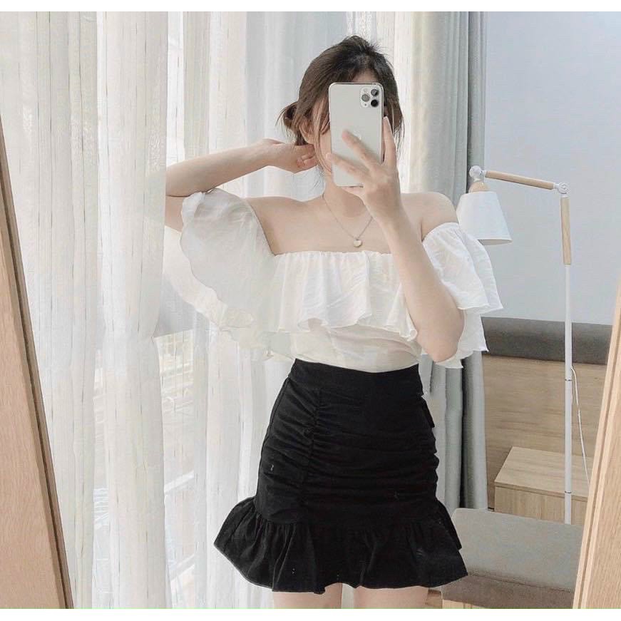 Áo trễ vai bèo vải voan, Áo croptop trễ vai dành cho nữ đủ màu, áo hở vai bèo tay vải voan nhẹ nhàng  ཾ