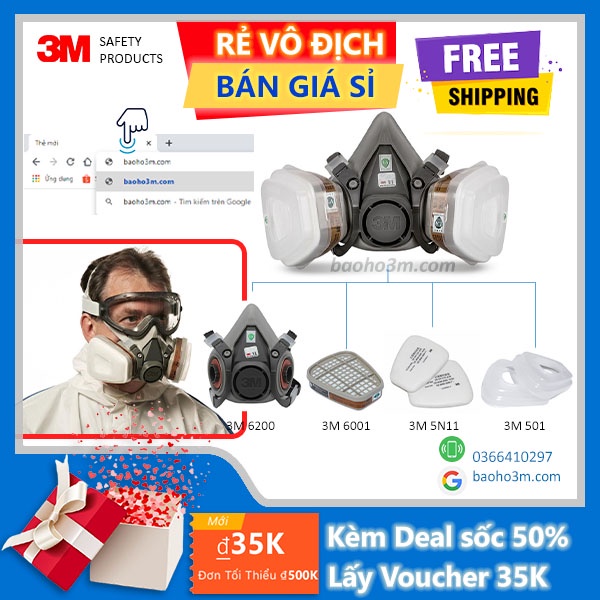 3M 6200-Mặt nạ phòng độc 3M-7 món xuất xứ Ba Lan lọc hơi benzen, acetone, xăng dầu dùng phun sơn, phòng dịch, phòng cháy