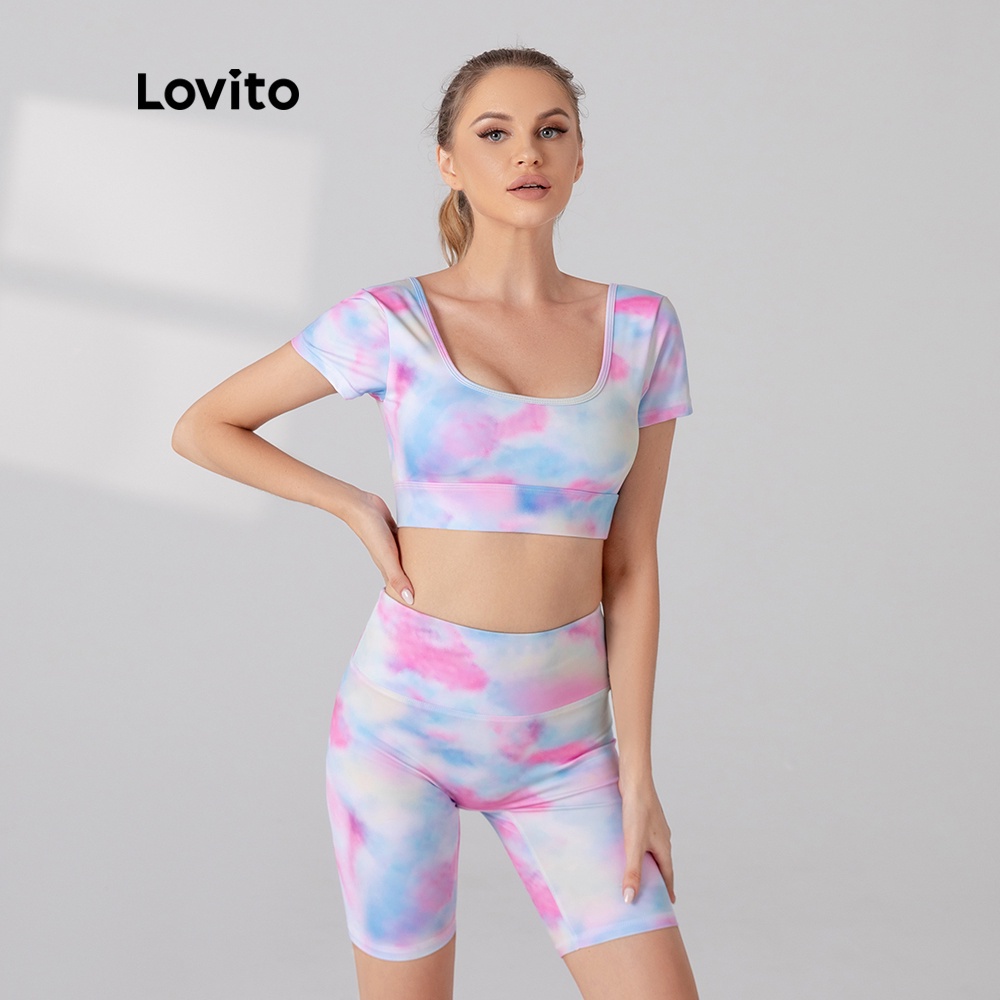 Bộ Áo Lót + Quần Ngắn Thể Thao Lovito Cổ Vuông In Hoa Nhuộm Tie Dye Nhanh Khô Với Đệm Ngực Có Thể Tháo L05010 (Nhiều Màu