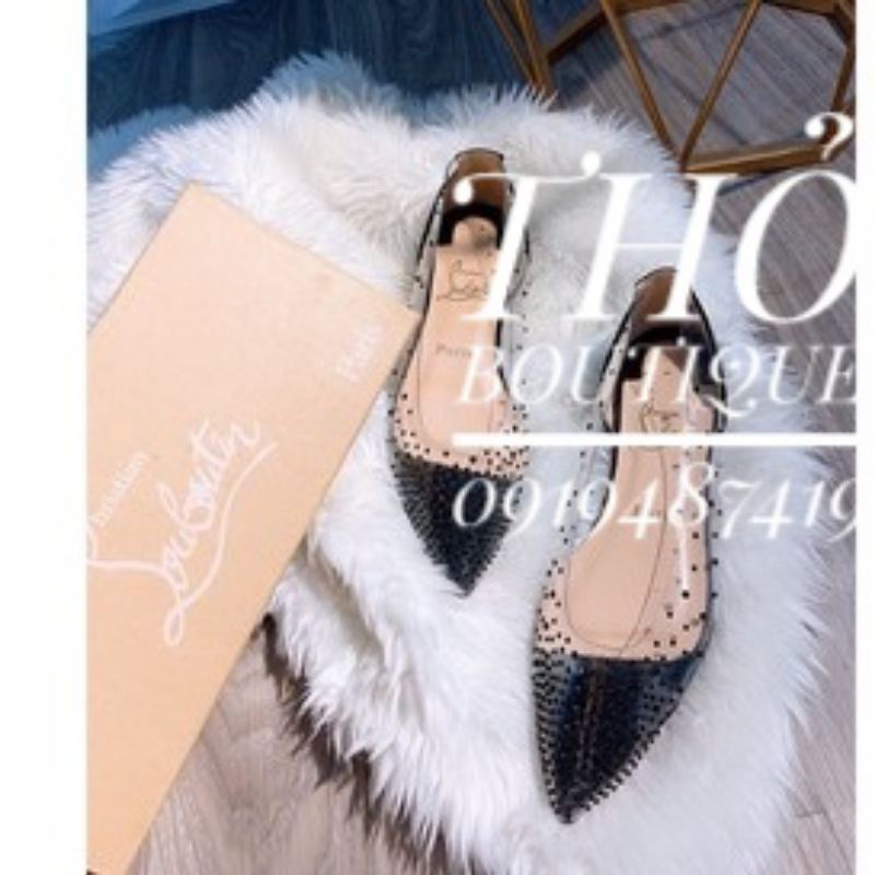 Giày bệt búp bê Lou.bou.tin xuất xịn mica trong suốt đính đá màu đen, vàng, bạc size 35 đến 38