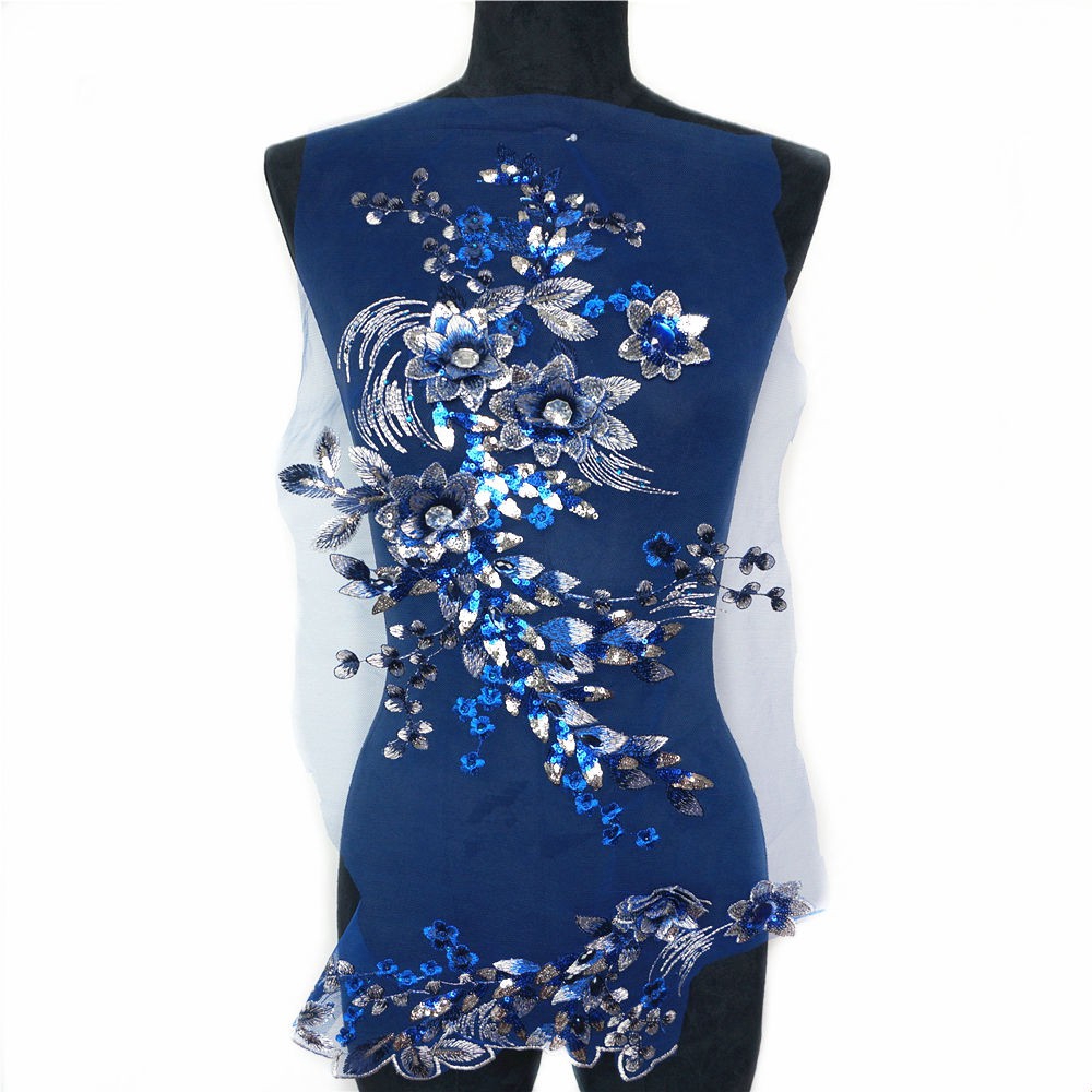 Miếng Vải Ren Thêu Hoa Đính Kim Sa Màu Xanh Dương Lớn Dùng May Vá Quần Áo / Trang Trí Váy Cưới