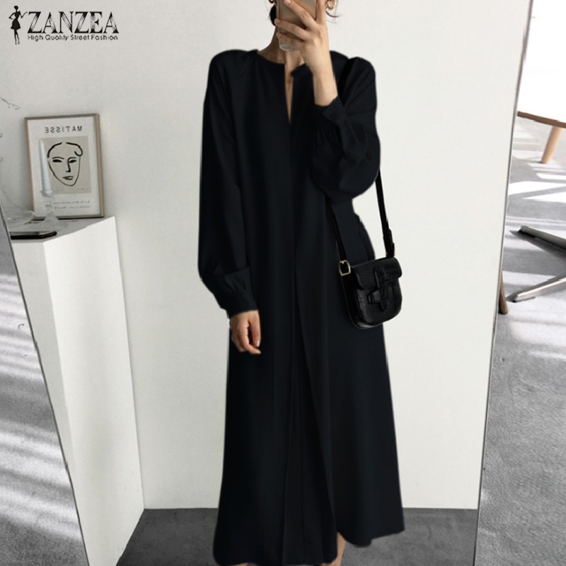 ZANZEA Đầm Dáng Dài Cổ Chữ V Tay Phồng Thời Trang Nữ Dễ Thương | BigBuy360 - bigbuy360.vn