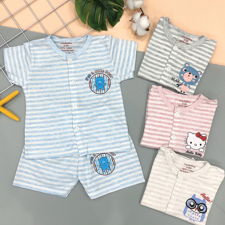 Bộ Cộc Tay Cúc Giữa Noubaby Chất Cotton Loang Kẻ Cho Bé Trai Bé Gái - Quần Áo Trẻ Em - Quần Áo Sơ Sinh Từ 4kg Đến 15kg