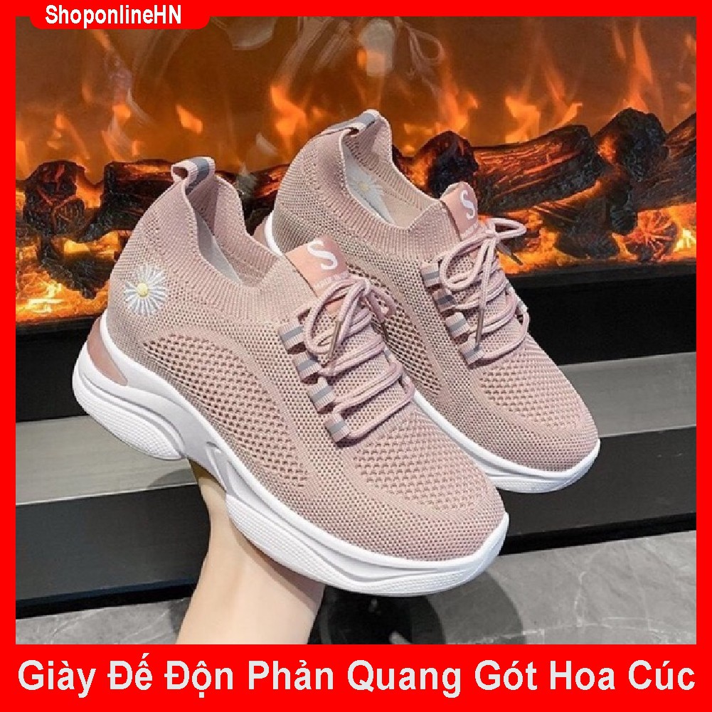 Giày thể thao độn đế nữ 7 cm chất vải lưới thêu hoa cúc phối phản quang cực đẹp | BigBuy360 - bigbuy360.vn