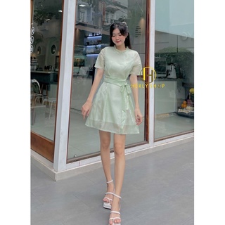 ĐẦM CỔ TRÒN THẮT EO CHÉO NƠ HOA BEO