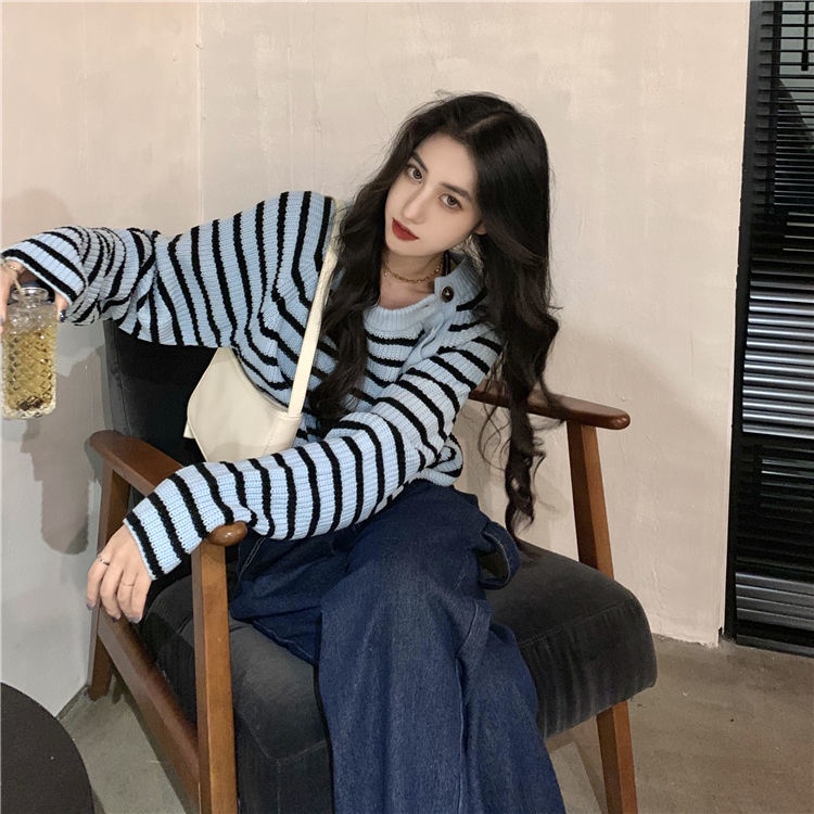 Áo sweater dệt kim kẻ sọc dáng rộng xinh xắn dành cho nữ