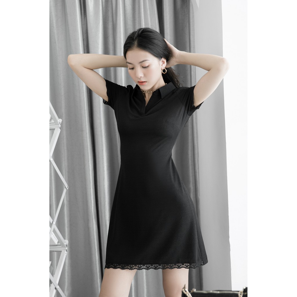 Đầm đen cổ Polo tùng A tay con OVERSIZED viền ren đen [VU10] | BigBuy360 - bigbuy360.vn