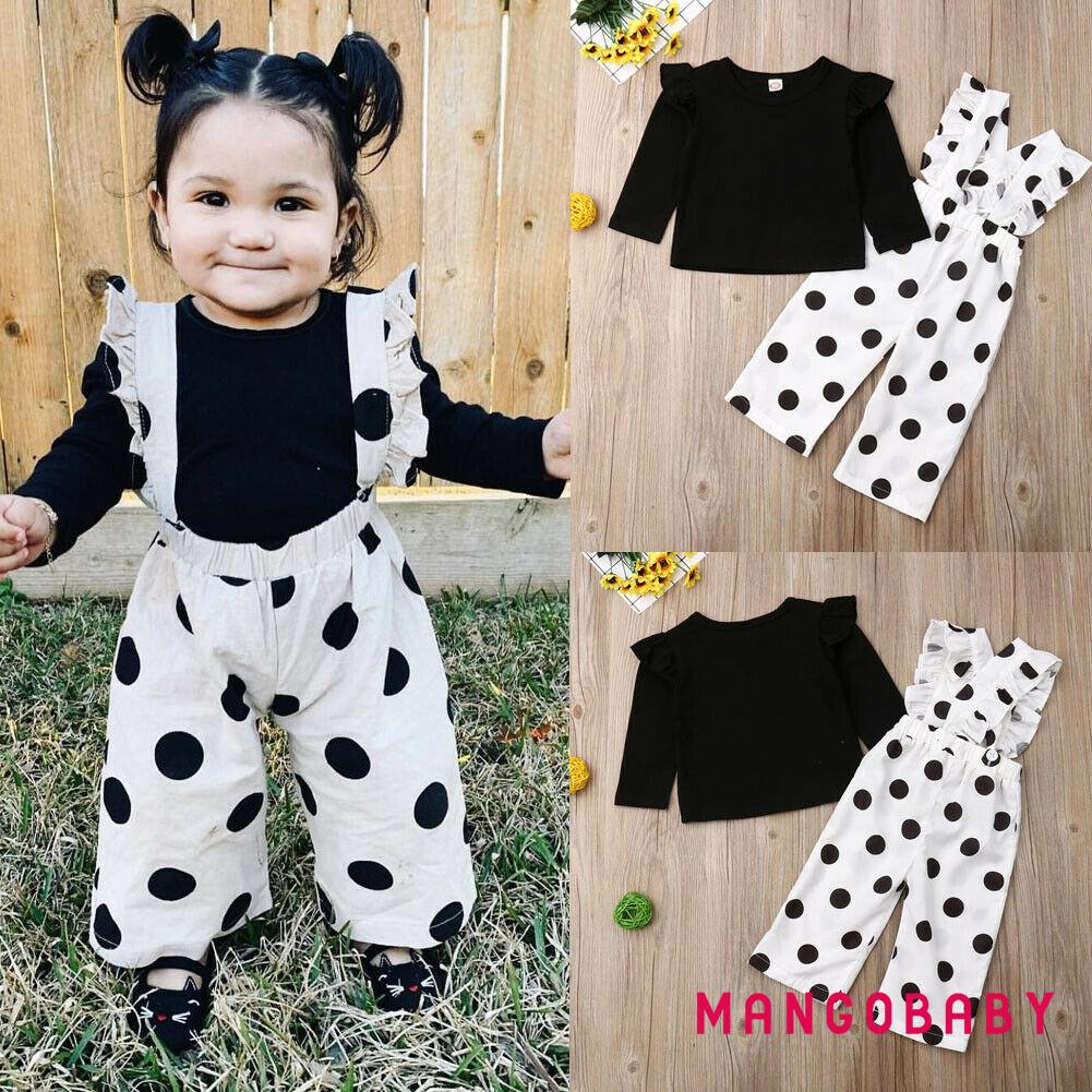 MG-Infant Toddler Baby Girl Outfits Long Sleeve T-Shirt Tops + Ruffle Polka Dots Suspenders Pants 2Pcs Set