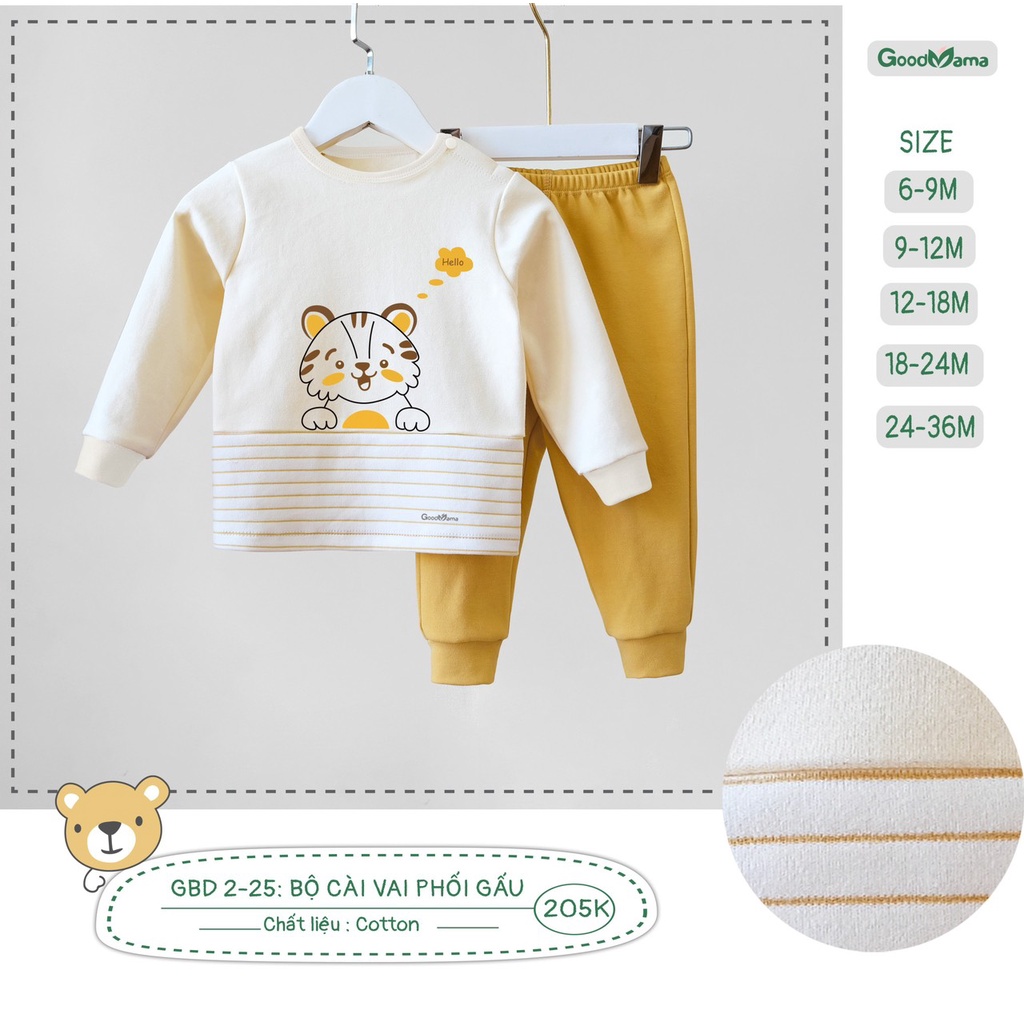 [Chính Hãng] Bộ dài tay cài vai cotton kẻ bo gấu trẻ em Good Mama