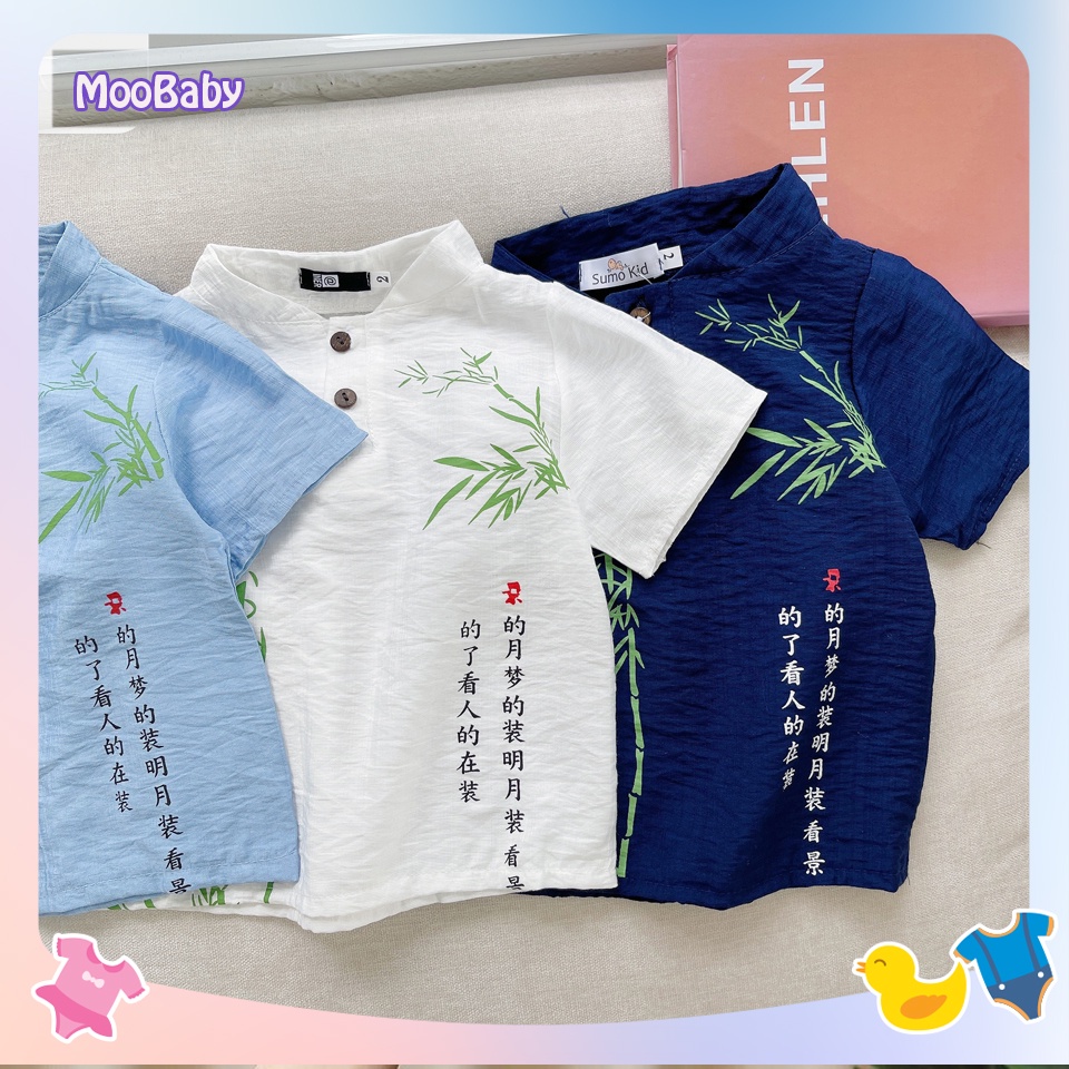 Đồ bộ bé trai MOOBABY SHOP , Bộ cộc tay cho bé chất đũi in hình cây tre cực đẹp cho bé từ 6-28kg