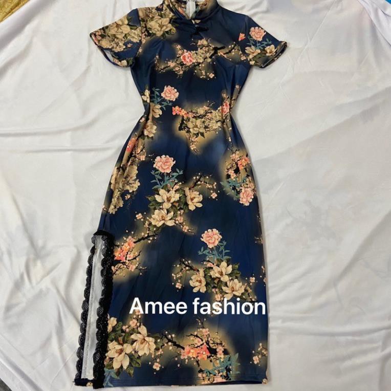 Váy đầm nữ body sườn xám trung hoa cách tân xẻ tà phối ren HT09