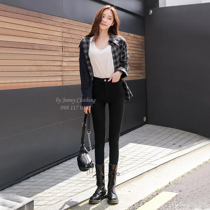 Quần legging nữ cạp cao dài 1 khuy gen bụng nâng mông chất Umi Hàn Cao Cấp co dãn màu đen có túi mặc đi làm học đẹp