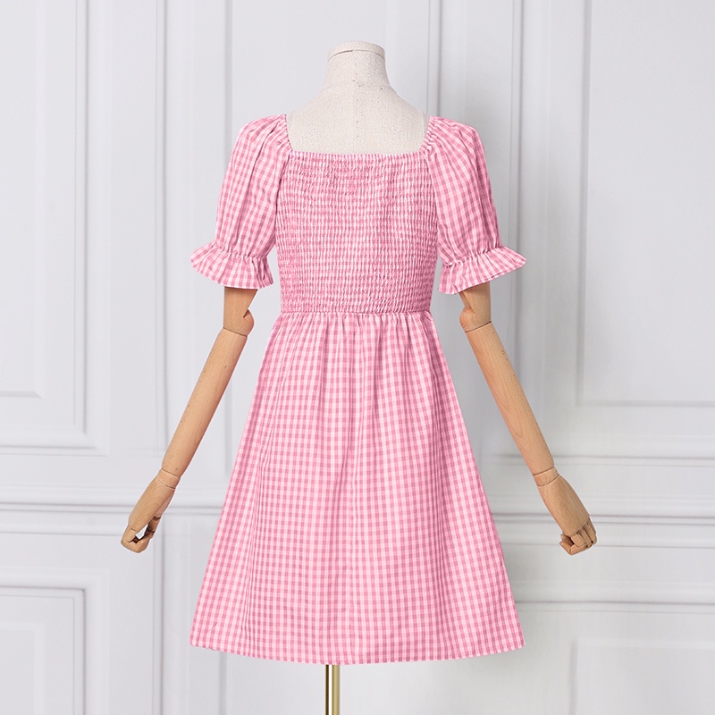 Đầm mini ZANZEA thời trang nữ tay ngắn bo phồng dáng chữ A vừa vặn in hoa văn caro