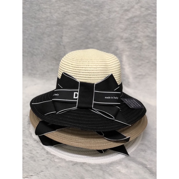 Nón vành nữ trang trí nơ in chữ trắng