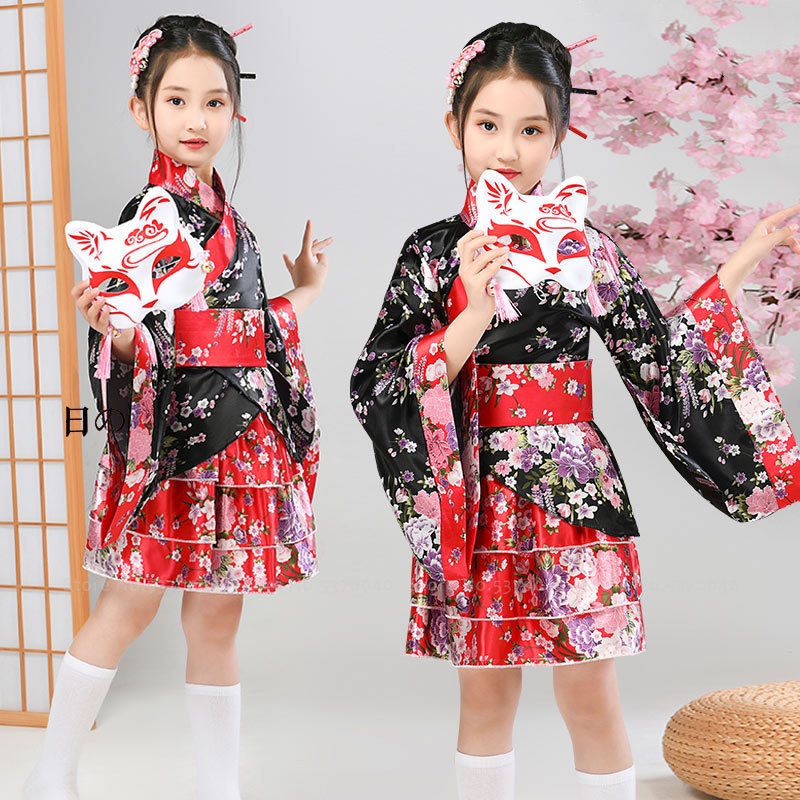 Đầm Kimono Đỏ Đen Hóa Trang Nhân Vật Geisha Phong Cách Nhật Bản Cho Bé Gái
