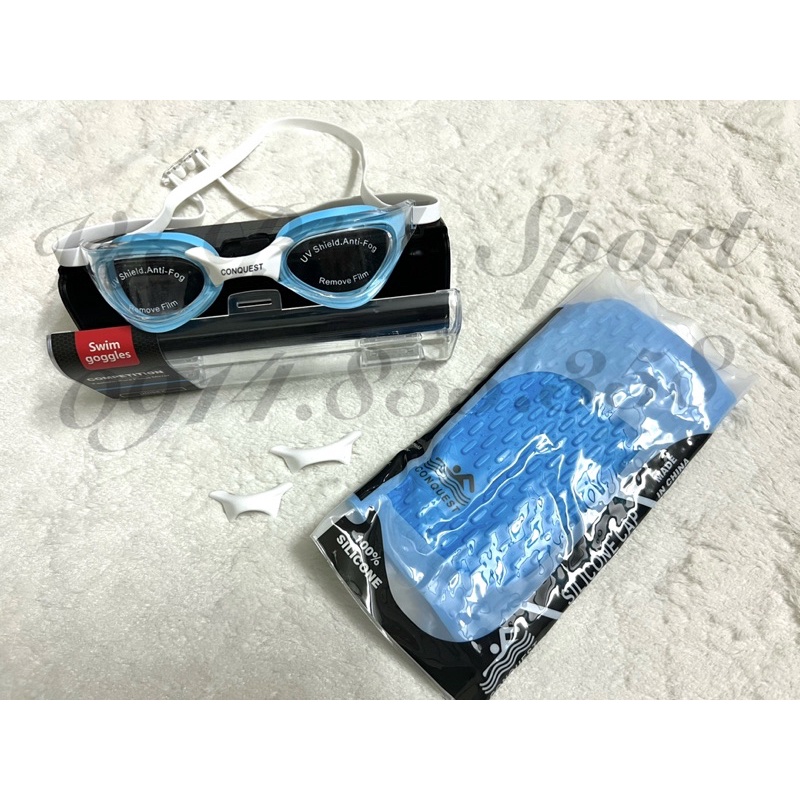 Combo kính bơi cực ôm mắt Conquest BL1206 + nón/mũ bơi Conquest gai siêu co giãn