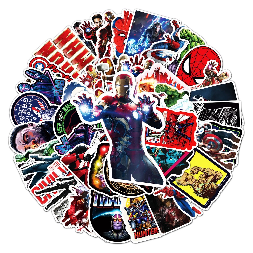 Combo 30 Sticker Chống Nước Decal Dán Điện Thoại Laptop Mũ Bảo Hiểm Vali Đàn Guitar Bình Nước Sổ Tay [Avengers Marvel]