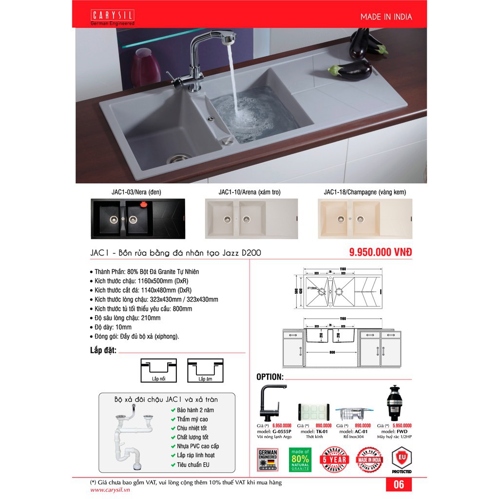 Chậu Rửa Chén Đá Granite Carysil JAC1-03 - Màu Đen - 1160x500mm