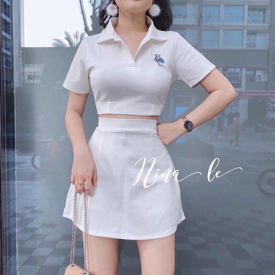 [SET Siêu Sang] Áo thun nữ cổ bẻ phối chân váy trơn dễ thương, sang chảnh - MIN Boutiques