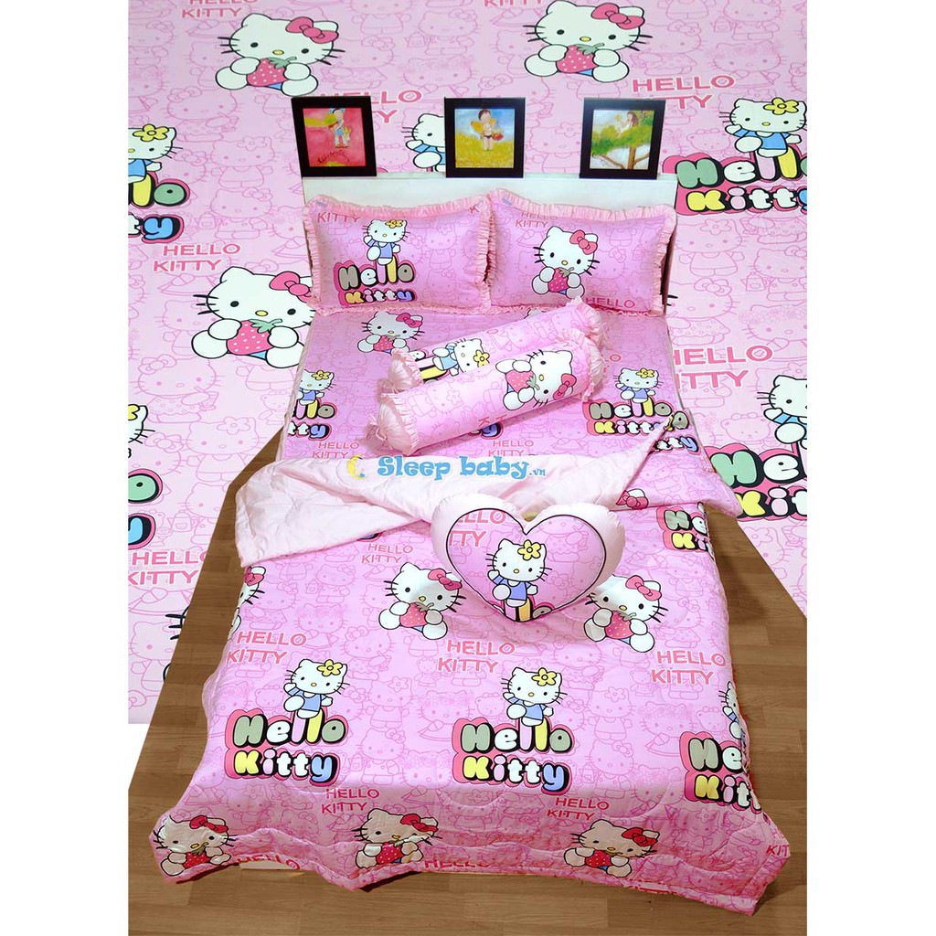 Bộ Chăn ga gối đệm cho bé Hello Kitty hồng với chất liệu 100% lụa satin Hàn Quốc thoáng mát