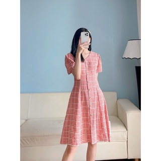 Váy kẻ cúc gỗ vintage
