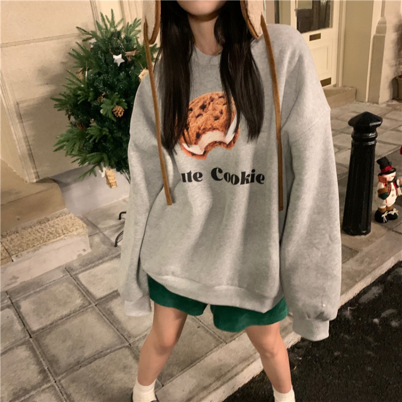 Áo sweatshirt SUXI lót lông cừu tay dài cổ tròn dáng rộng họa tiết Hàn Quốc thời trang dành cho nữ