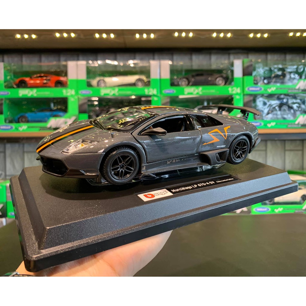 Mô hình ô tô siêu xe Lamborghini Murcielago LP670-4 SV  tỉ lệ 1/24 hãng Burago màu xám đen